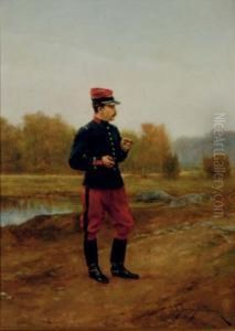A French Military Officer Smoking; And A Companion Painting by Etienne Prosper Berne-Bellecour