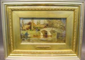 Soldier Fishing Beside A Footbridge by Etienne Prosper Berne-Bellecour