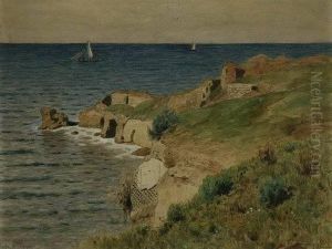 Blick Auf Das Meer Und Die Romischen Ruinen Bei Porto D'anzio by Edmund Berninger