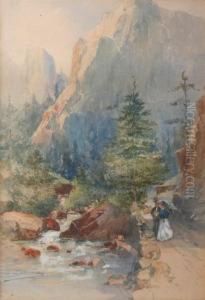 Colorado Mountain Landscape With Couple On Path by Oscar Edmund Berninghaus