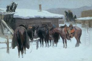 Four Horses At Hitching Post by Oscar Edmund Berninghaus