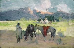 Tending Horses At The Encampment
