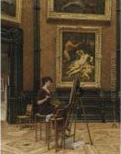 An Artist In The Louvre With Corregio's Jupiter And Antiope by Louis Beroud
