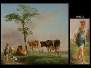 Kuhe Auf Der Weide Mit Schaferin Und Hund by Jean Baptiste Berre