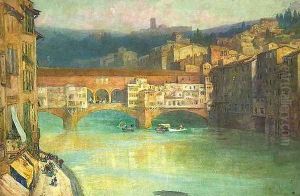 Blick uber den Arno auf die Ponte Vecchio in Florenz