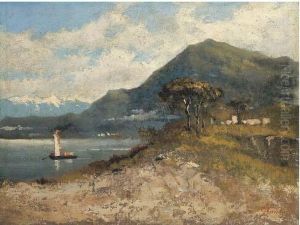 Veduta Del Lago Di Como Con Barca A Vela by Luigi Bertelli
