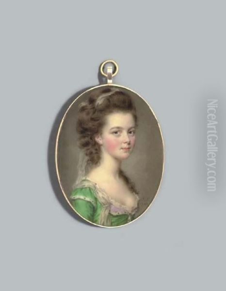 Mrs Russell, Nee Cox, In 
Lace-bordered White Under-dress, Pink-lined And Ermine-bordered Bright 
Green Dress, Jewelled Pendant Fastened At Corsage, Gauze Scarf Entwined 
In Her Upswept And Curling Light Brown Hair And Fastened To The Border 
Of Her D - view 1