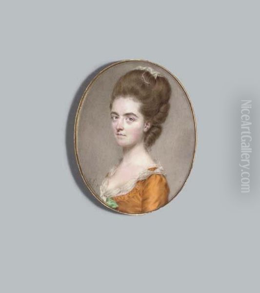 A Young Lady, In Lace-bordered
Orange Silk Dress With Bright-green Ribbon At Corsage, White Gauze Scarf
Fastened In A Gold Ring At Corsage, White Gauze Scarf And Pearls In Her
Upswept And Curled Light Auburn Hair - view 1
