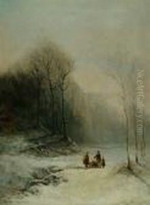 'a Family Collecting Sticks On A Winter's Evening' by Eugene Berthelon