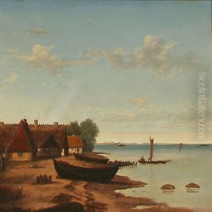 Coastal Scene With Rowing Boats On The Beach by Christian Berthelsen