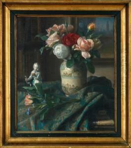 A Still Life With Red, White And Pink Roses In A Vase On A Table by Christian Berthelsen