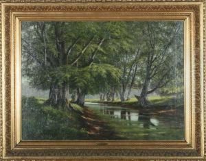 A Forrest With A Stream And Dears In The Background by Christian Berthelsen