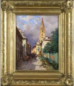 :une Rue A Barcelonnette (basses-alpes) Huile Surtoile by Charles Alexandre Bertier
