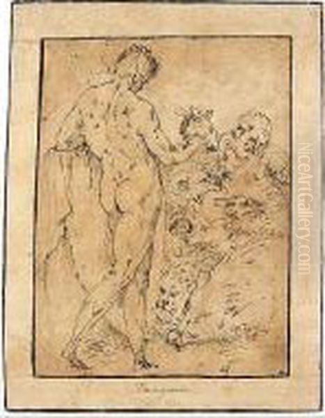 A Male Nude Holding A Mask, Standing Before Numerous Animals And A Bearded Man - view 1