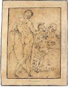 A Male Nude Holding A Mask, Standing Before Numerous Animals And A Bearded Man