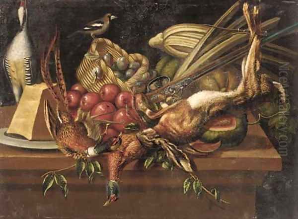 Pheasants, a dead hare and a shot-gun with plums in a basket, apples, cheese, pumpkins and other vegetables on a stone ledge - view 1