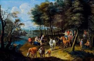 Paysans Et Promeneurs Dans Un Paysage Forestier