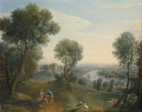 An Extensive River Landscape With Goatherds Conversing - view 1