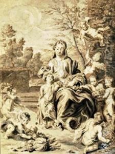 La Vierge Et L'enfant Jesus Terrassant Le Mal, Entoures De Putti by Balthasar Beschey