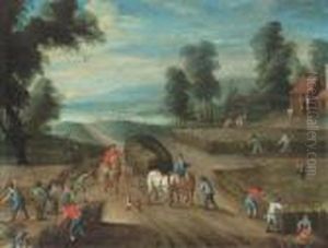 A Landscape With Peasants Reaping The Harvest by Balthasar Beschey