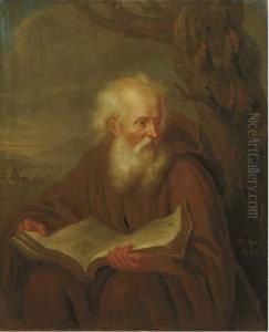 A Hermit Reading By A Tree, A Landscape Beyond by Balthasar Beschey