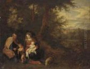 A Wooded Landscape With The Holy Family With The Infant Saint John The Baptist by Balthasar Beschey