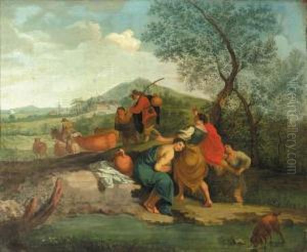 Shepherdesses By A Pool, With
Cowherds Passing On A Track Beyond In An Italianate Landscape - view 1