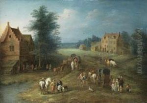 Landschaft Mit Gebauden, Markt,
Karren Und Figurenstaffage by Karel Beschey