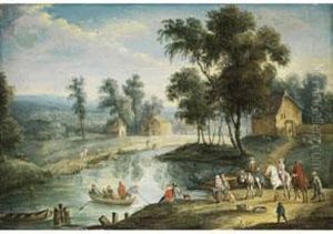 Figurenreiche Landschaft Mit
Kleinem Flusslauf Und Seitlichunter Baumen Stehenden Hausern by Karel Beschey