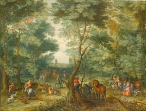 A Wooded Landscape With An 
Elegant Partyonlookers Watching As Huntsman Move In With Their Hounds 
For Thekill Of A Stag And Hart