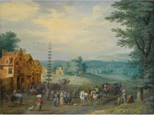 A Summer Landscape With Elegant
Travellers, A Horse-drawn Wagon, Near A Village With Peasants Dancing
Around A May-tree; A Winter Landscape With Travellers And A Horse-drawn
Cart, Near A Village With Figures Skating On A Frozen River Nearby by Karel Beschey