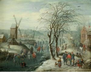 A Winter Landscape With Skaters On A Frozen River, A Village And Windmill Beyond by Karel Beschey
