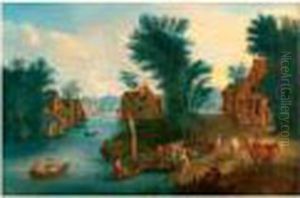 Paysage De Village Au Bord De Riviere by Karel Beschey