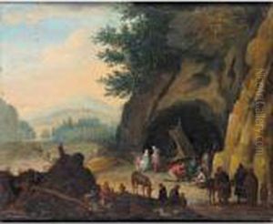 A Landscape With Travellers In Camp In A Grotto by Karel Beschey