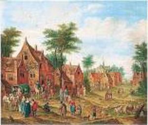 Village Scene With Numerous Figures And A Waggon