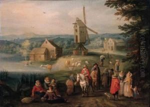 Travellers And Peasants On A Country Road, A Windmill Beyond by Karel Beschey
