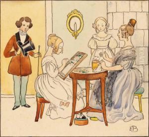 Interior Med Handarbetande Kvinnor by Elsa Beskow