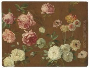 Pink And White Roses, Chrysanthemums And Poppies by Pancrace Bessa