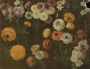 Pink And White Matthiola, A Pink
 Dianthus, Chrysanthemum, Whitejasmine, Ranonculus And Marigolds by Pancrace Bessa