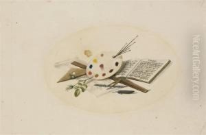 Une Palette De Peintre Avec Des
Pinceaux, Une Partition De Musiqueet Une Branche De Rosiers by Pancrace Bessa
