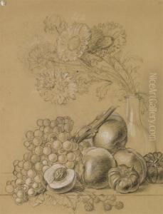 Nature Morte Aux Peches, Raisins, Tomates Et Bouquet Defleurs by Pancrace Bessa