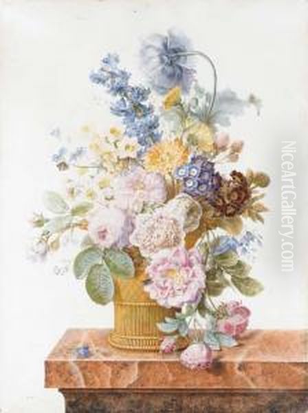 A Bouquet Of Roses, 
Chrysanthemums, Auricula, Hyacinth, A Poppy,harebells And Other Flowers 
In A Basket On A Marble Ledge With Abutterfly And A Fly - view 1