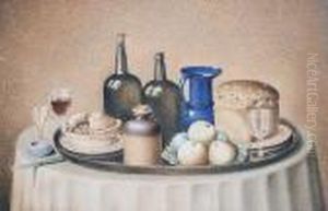 Still Life Of Wine, Pie, Bread And Fruit On A Table