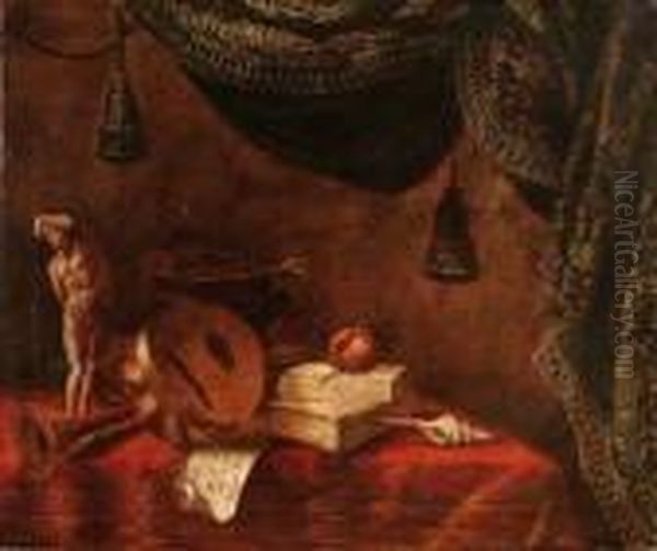 Statuetta, Liuto, Fagotto,
Libri, Spartito Musicale, Melagrana E Conchiglia Su Tappeto Rosso E
Tenda Con Nappe - view 1