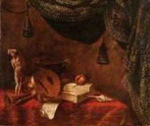 Statuetta, Liuto, Fagotto,
Libri, Spartito Musicale, Melagrana E Conchiglia Su Tappeto Rosso E
Tenda Con Nappe by Bartolomeo Bettera