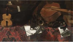 A Still Life With Musical 
Instruments, Including A Violin, A Double Bass, A Trombone And A Lute, 
Arranged On A Tabletop Draped With A Textured Carpet by Bartolomeo Bettera