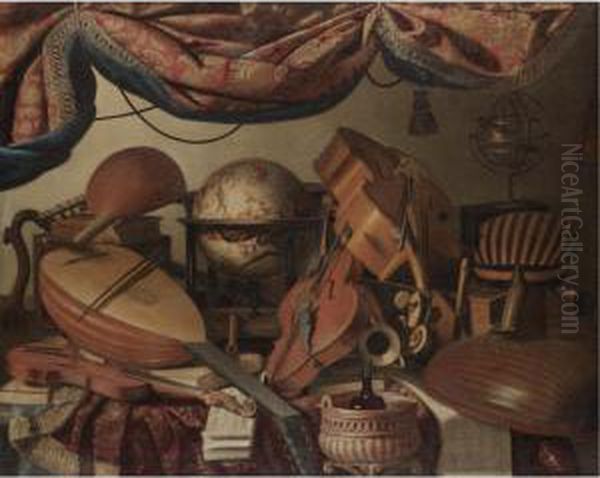 A Still Life With Musical 
Instruments Including A Viola, A Violin, A Cello And A Selection Of 
Lutes, Along With A Globe And Tomes Of Classical Literature - view 1
