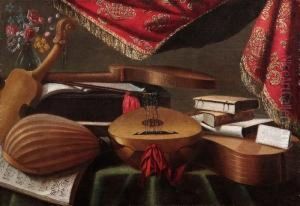 Liuto Attiorbato, Violino,viola,
Foglio Con Annotazione Musicale, Libri, Sotto Tenda In Velluto by Bartolomeo Bettera