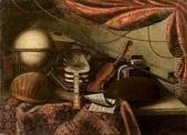 liuto, Chitarra, Arciliuto
Violino, Mappamondo Libri E Spartiti Su Tavolo Con Tappeto E Tenda - view 1