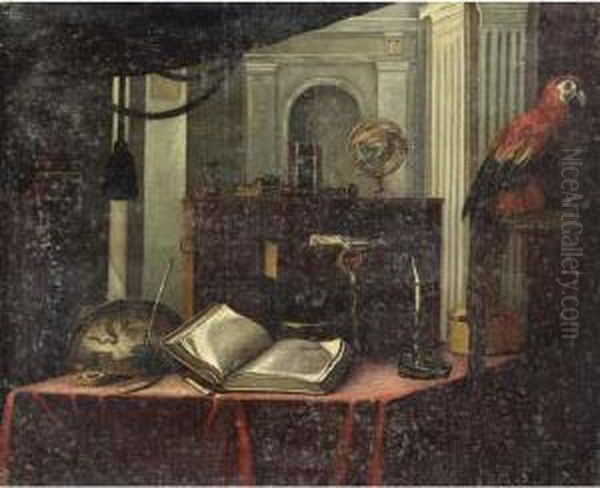 A Still Life With A Book, A
Globe, A Candlestick And Other Objects, All On A Table, With A Parrot
Standing On A Stone Ledge In The Foreground by Bartolomeo Bettera